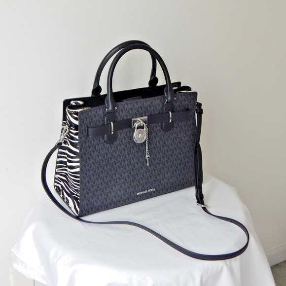 MICHAEL KORS HAMILTON Signature MK Logo Medium Black Satchel Shoulder Bag NWT - Picture 3 of 14